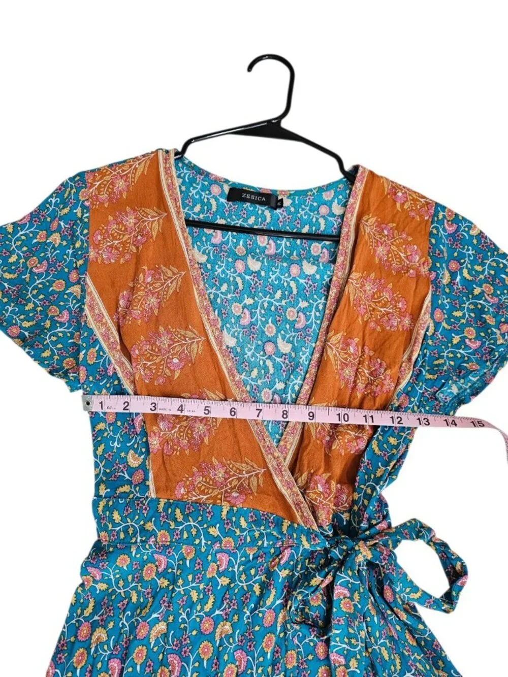 ZESICA Womens Medium Wrap Dress Blue Rust Floral Rayon Iconic Boho Festival Mini - Picture 7 of 8